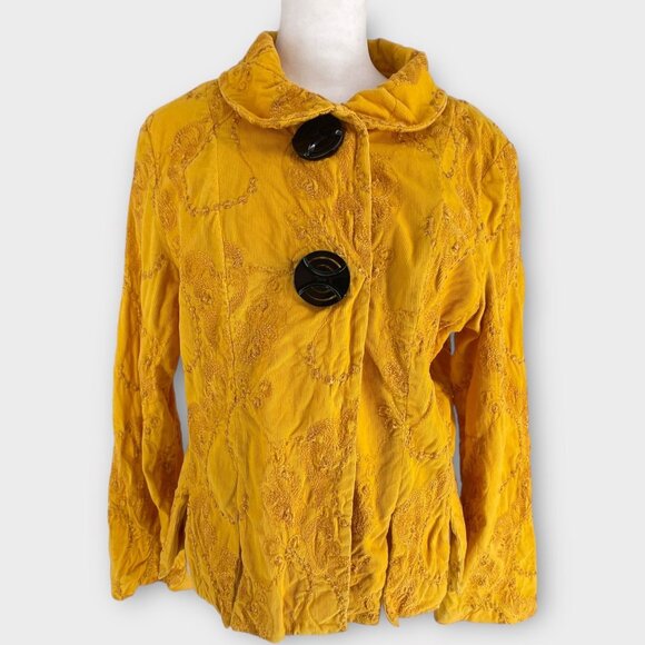 An Ren Vintage Yellow Embroidered Paisley Pleated Peplum Blazer Jacket Size 12 - Picture 1 of 11